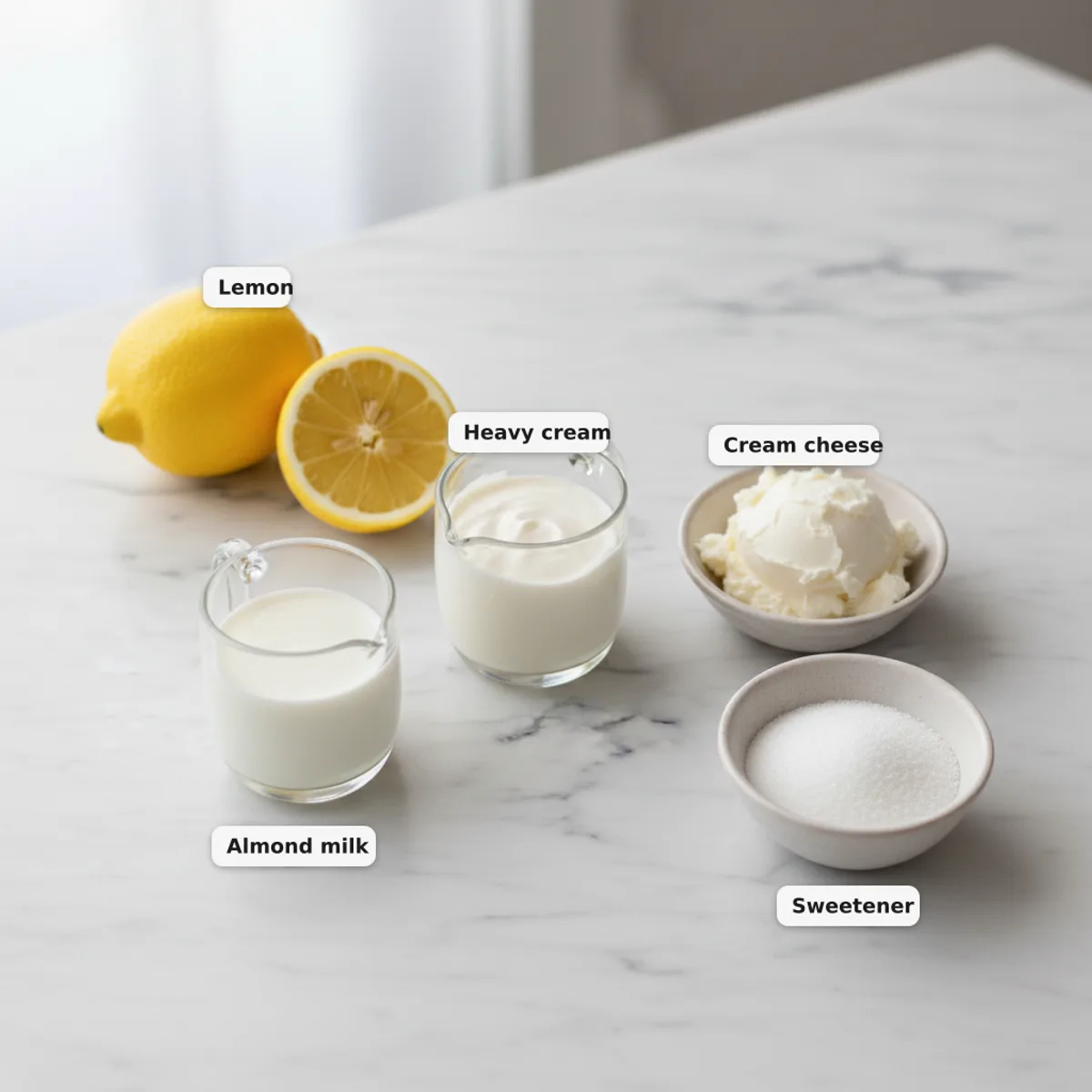 All the ingredients for a keto lemon cream smoothie laid out and labelled on a marble surface — lemon, almond milk, heavy cream, cream cheese and sweetener