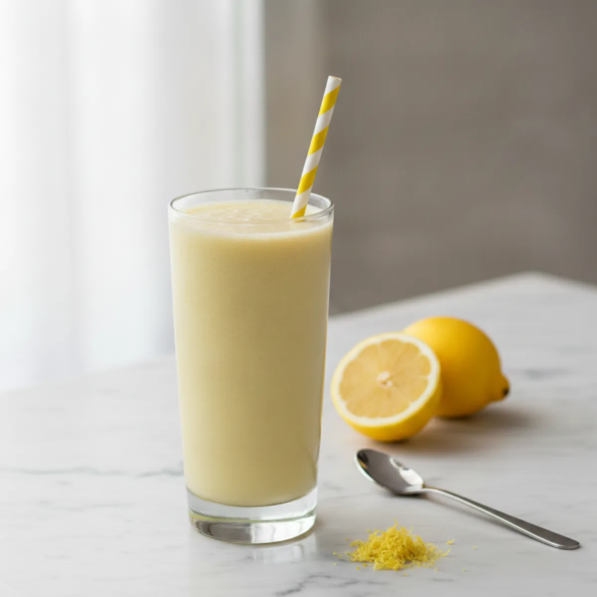 A pale yellow lemon cream smoothie in a tall glass beside a spoon and fresh lemon slices on a marble surface