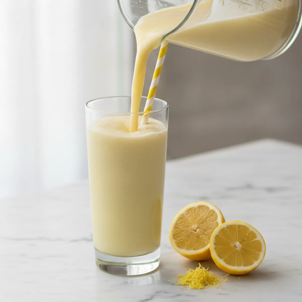 Pale yellow lemon cream smoothie being poured from a blender jug into a tall glass on a marble surface