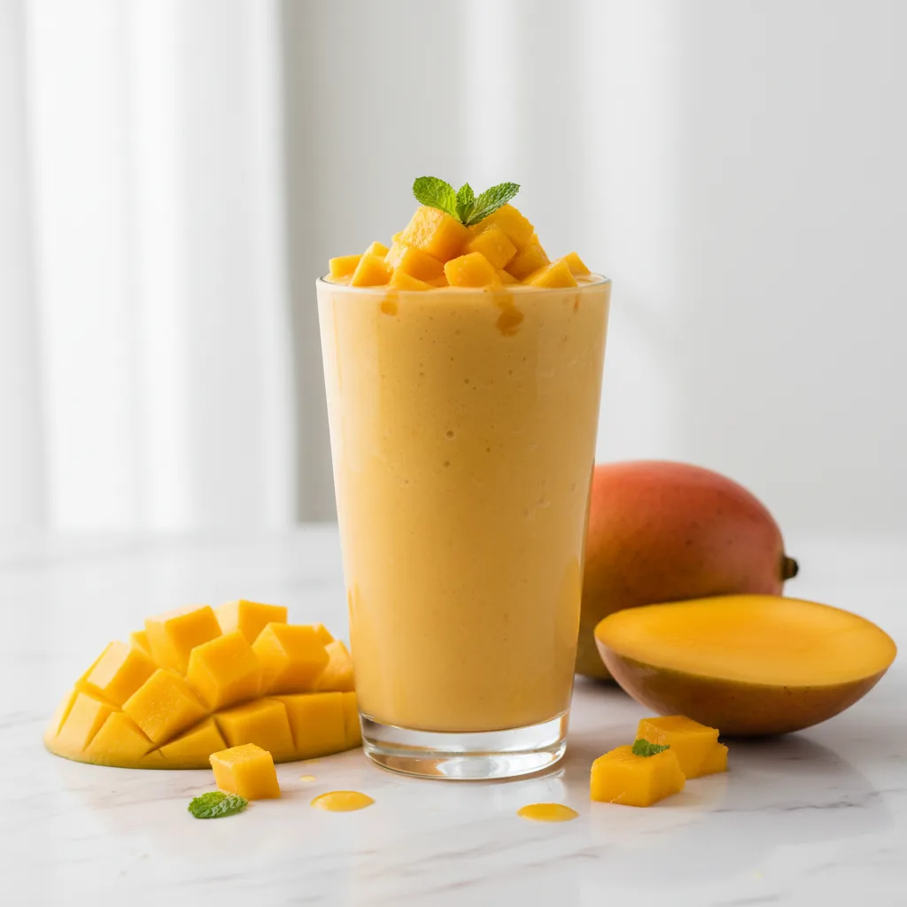 A tall glass of creamy golden mango smoothie made without yogurt