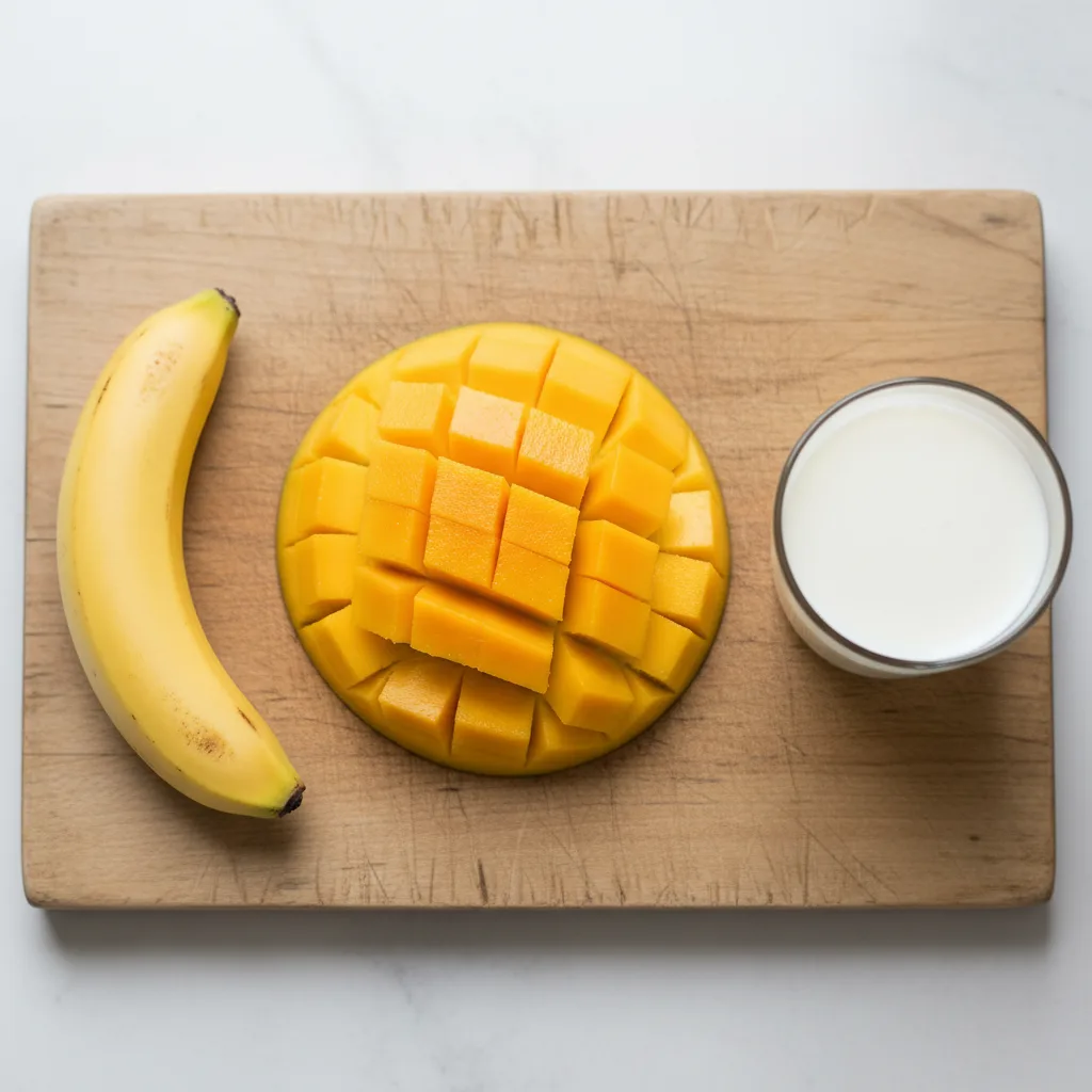 Mango smoothie ingredients — frozen mango, banana and milk, no yogurt