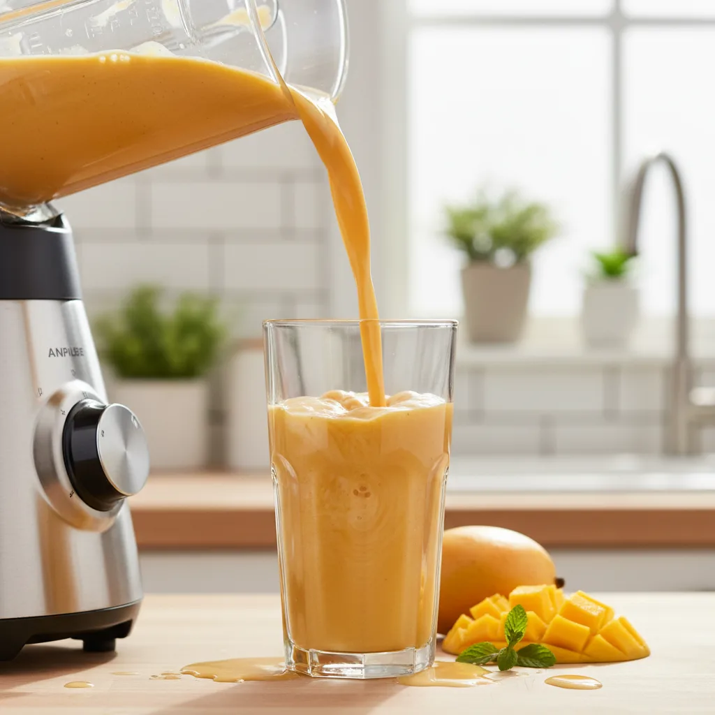 Creamy golden mango smoothie being poured from a blender into a glass