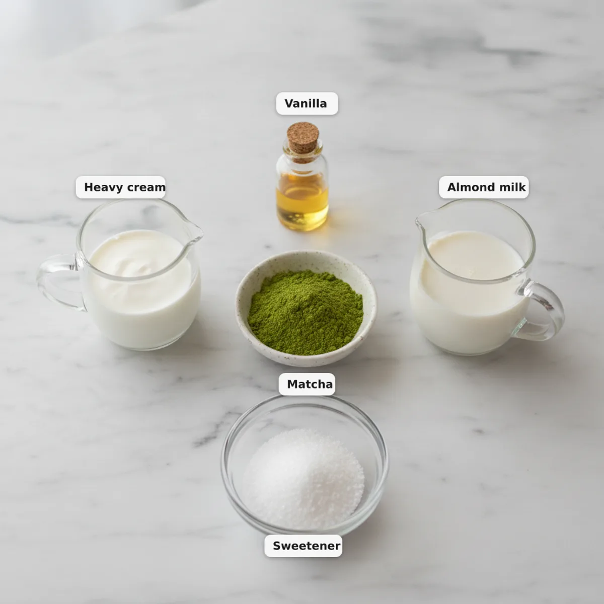 All the ingredients for a keto matcha smoothie laid out and labelled on a marble surface — matcha powder, almond milk, heavy cream, sweetener and vanilla