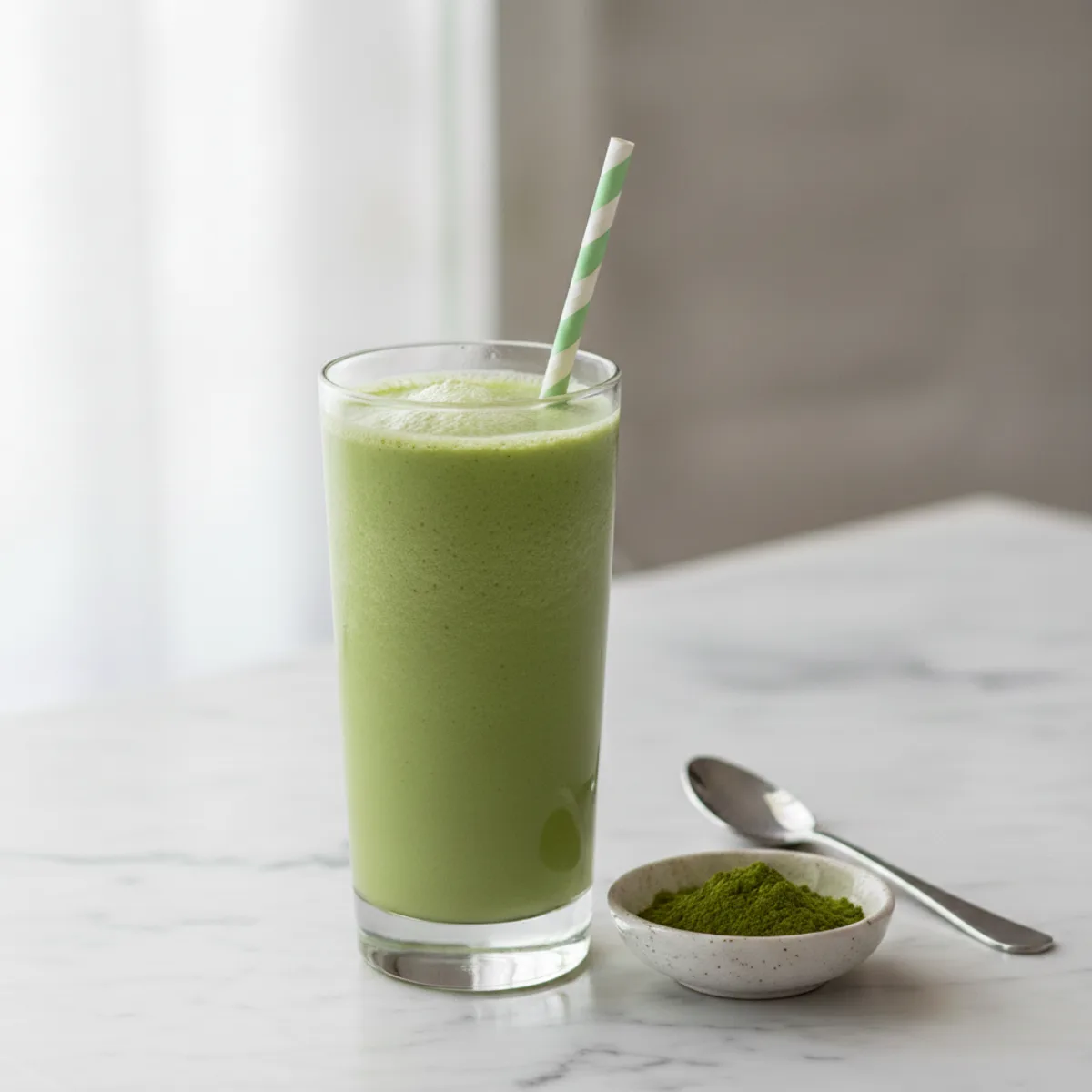 A creamy jade-green matcha smoothie in a tall glass beside a spoon and a dish of matcha powder on a marble surface
