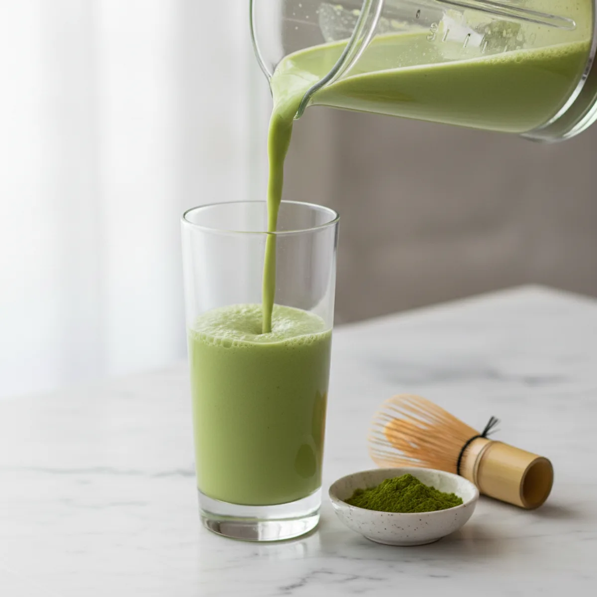 Creamy jade-green matcha smoothie being poured from a blender jug into a tall glass on a marble surface