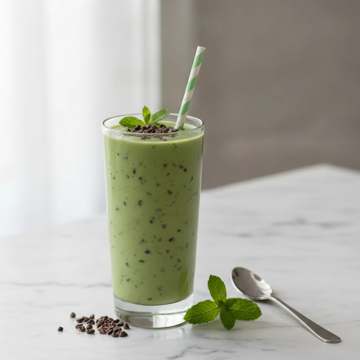 A mint-green chocolate chip smoothie in a tall glass beside a spoon and a few cacao nibs on a marble surface