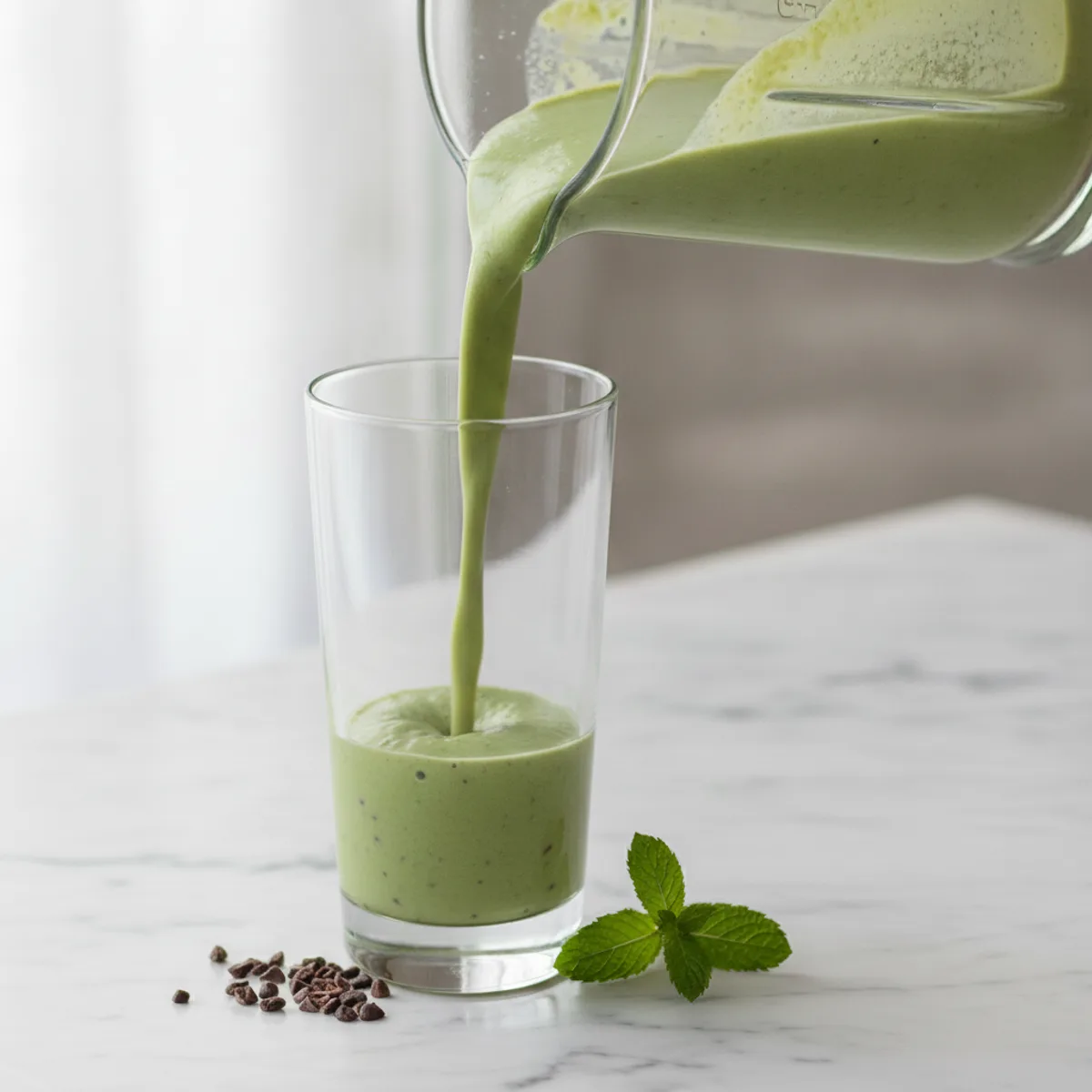 Mint-green chocolate chip smoothie being poured from a blender jug into a tall glass on a marble surface