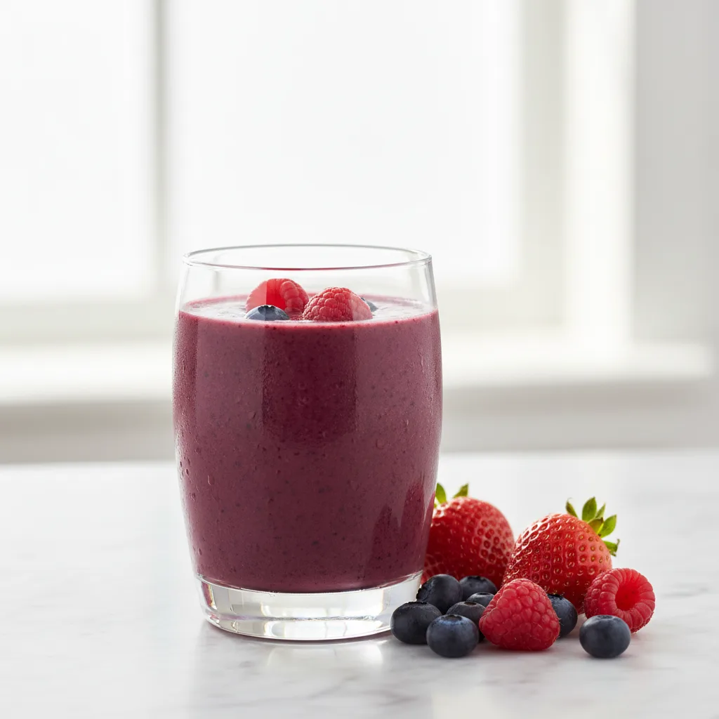A tall glass of thick deep-purple mixed berry smoothie made without yogurt
