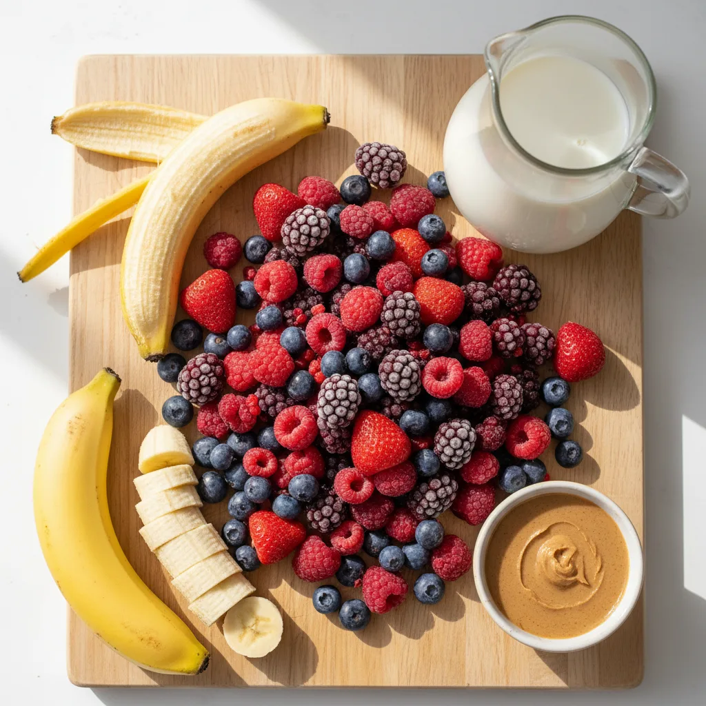 Mixed berry smoothie ingredients — frozen mixed berries, a frozen banana, milk and almond butter, no yogurt