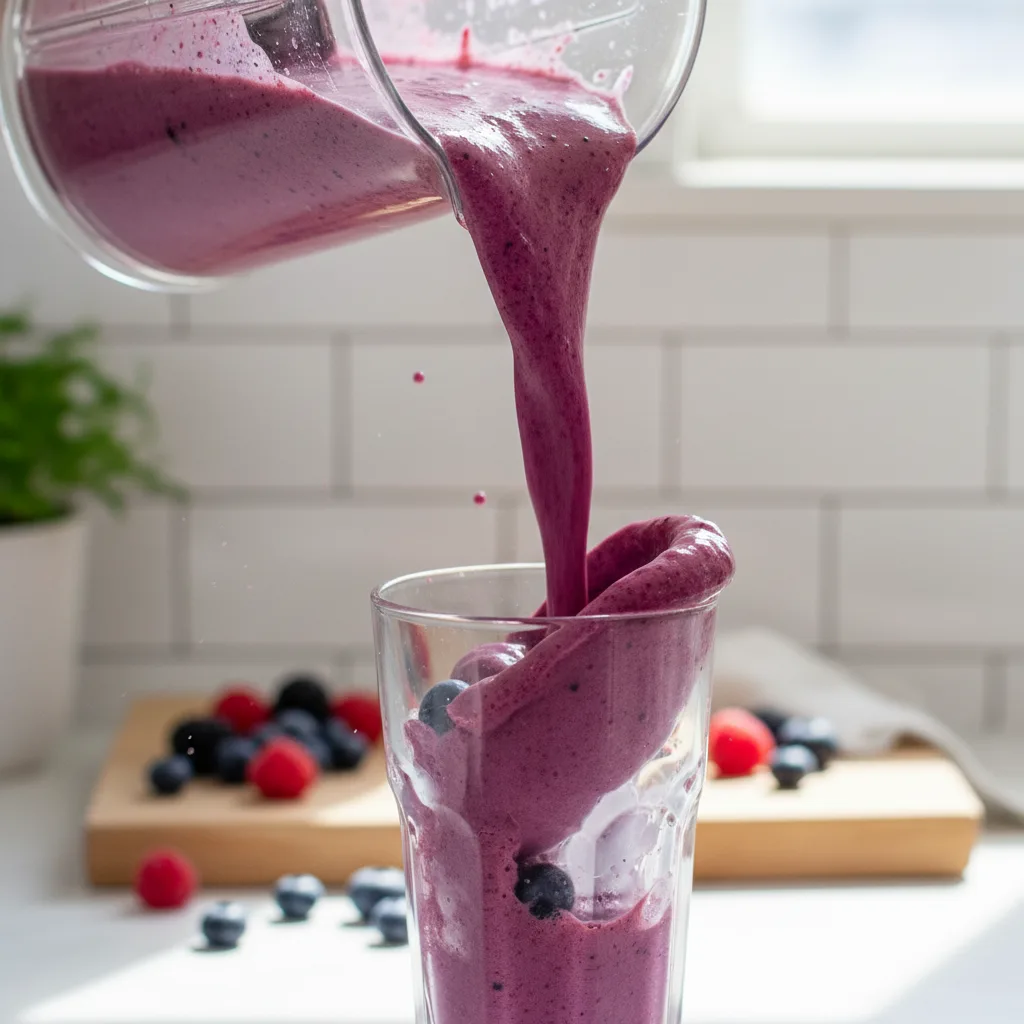Thick purple berry smoothie being poured from a blender into a glass