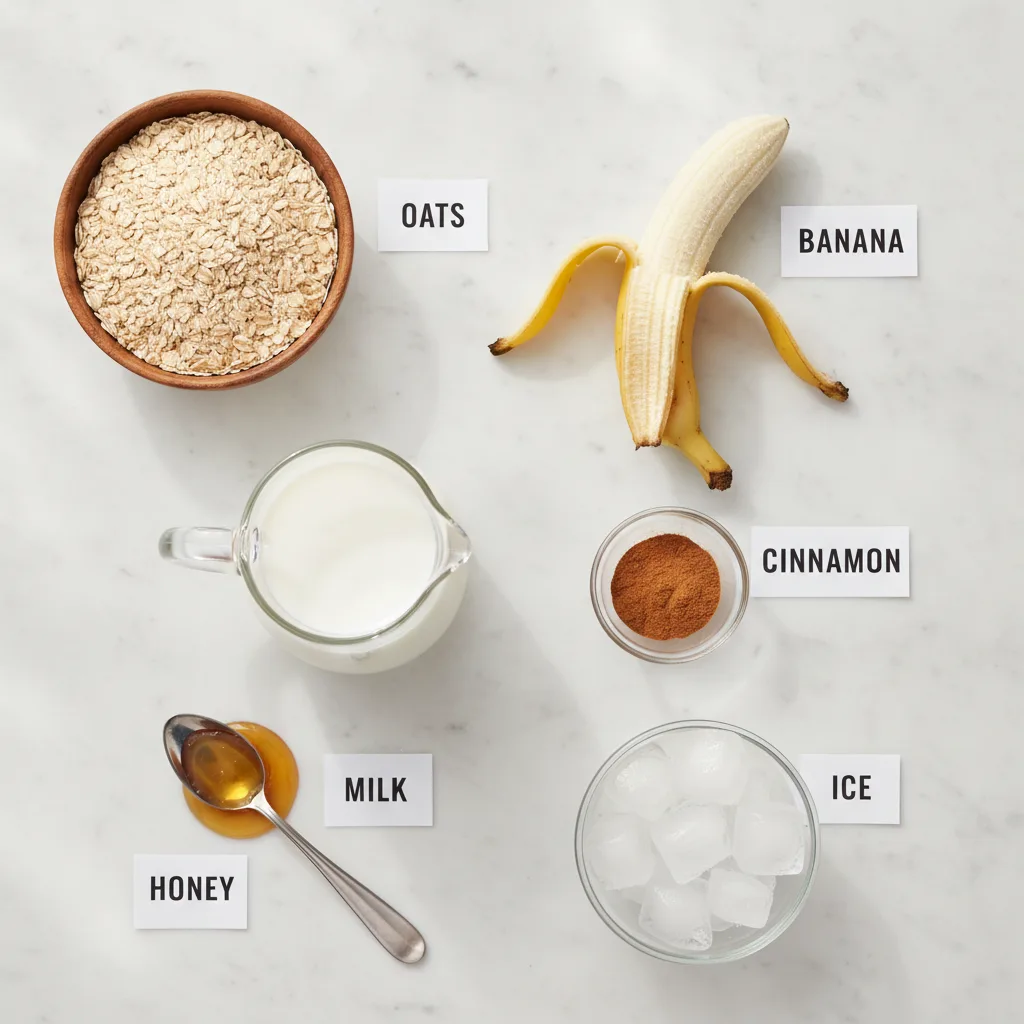 Oatmeal smoothie ingredients laid out and labelled — oats, banana, milk, cinnamon, honey and ice, no yogurt