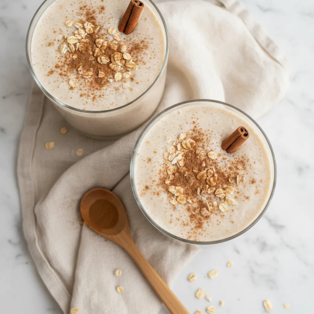 Two glasses of creamy oatmeal smoothie sprinkled with oats and cinnamon