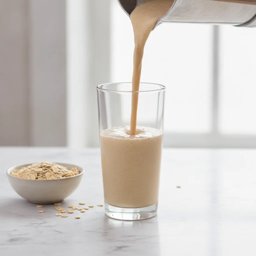 Thick creamy oatmeal smoothie being poured from a blender into a tall glass
