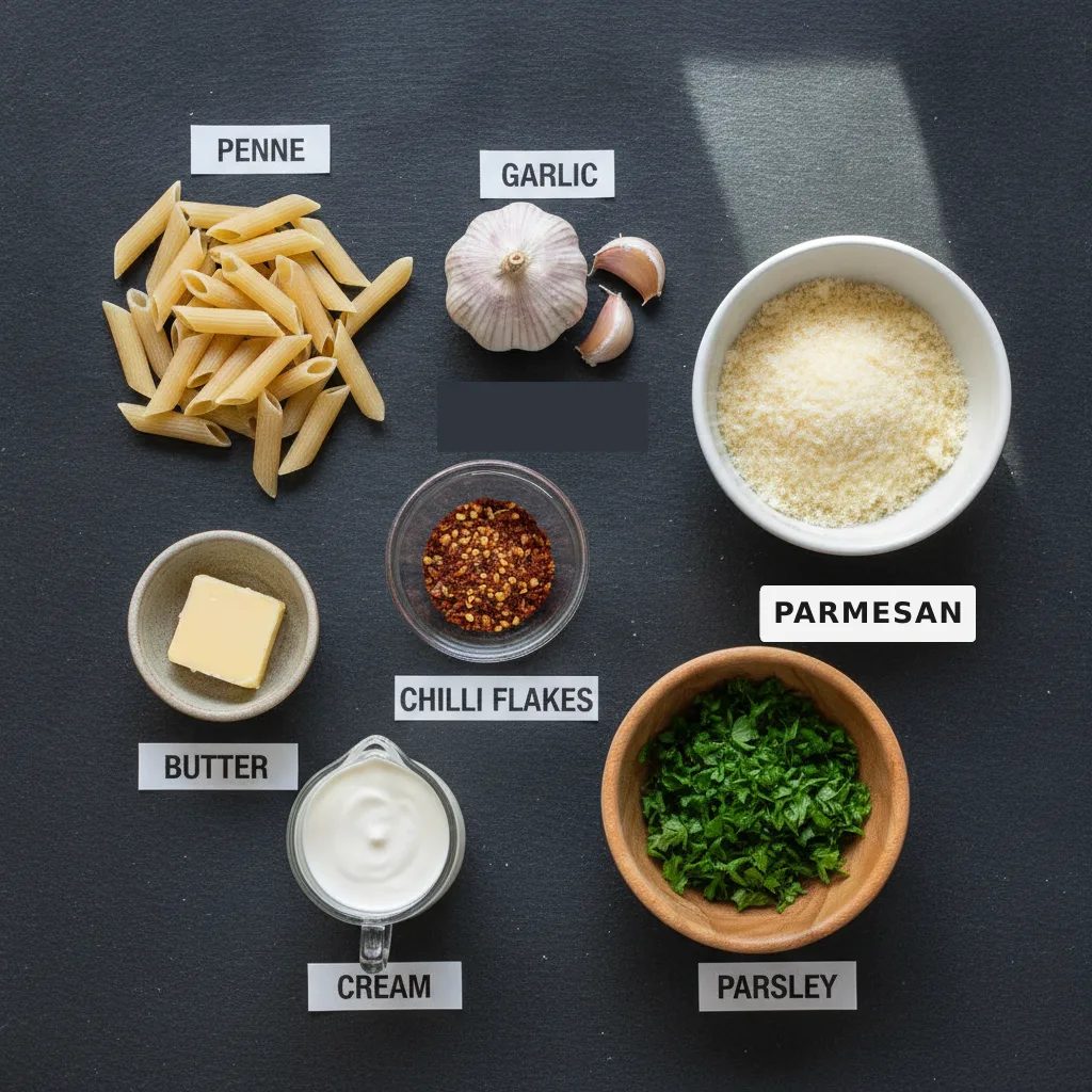 All the ingredients for one pot spicy garlic parmesan pasta laid out and labelled — penne, garlic, parmesan, chilli flakes, butter, cream and parsley