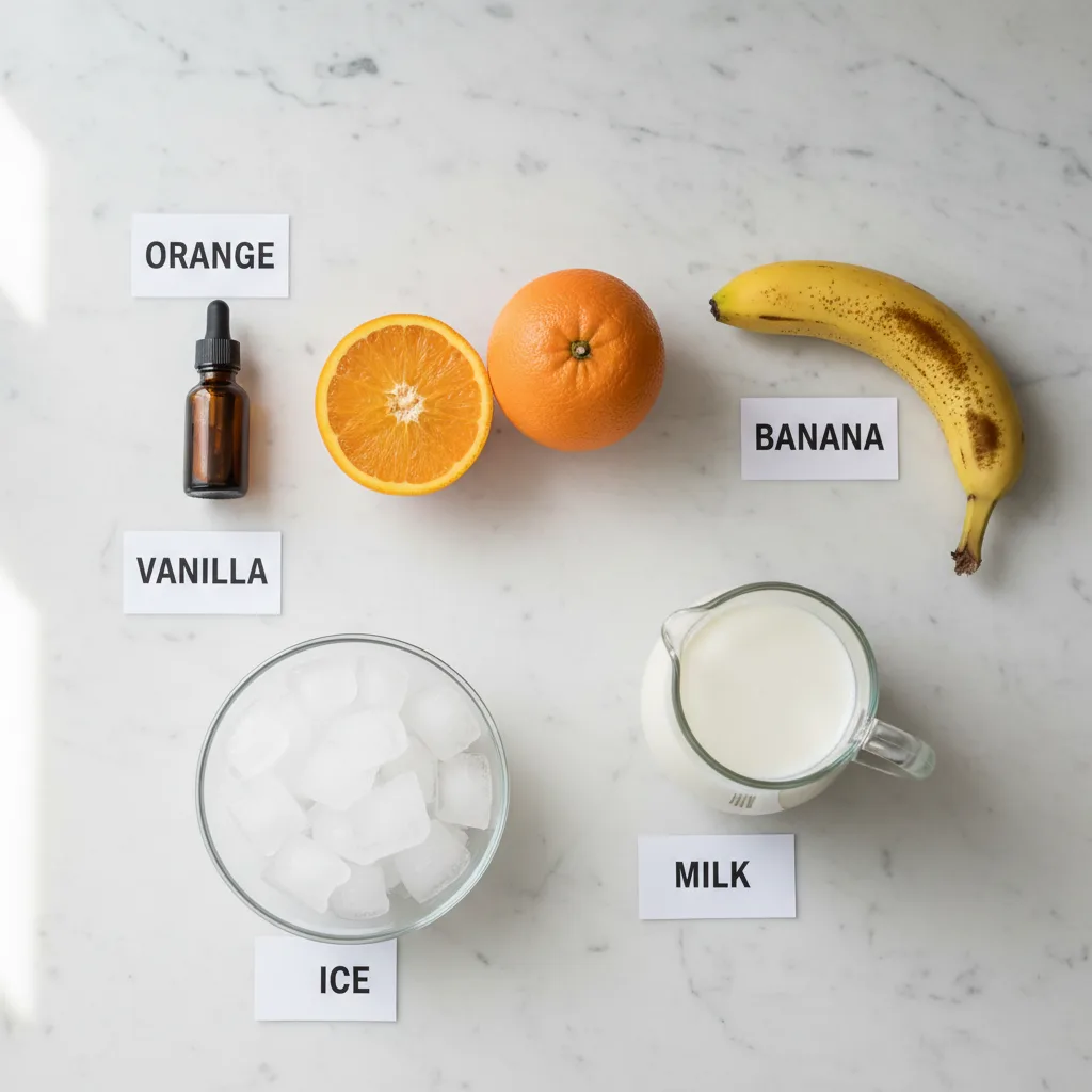 Orange creamsicle smoothie ingredients laid out and labelled — orange, banana, milk, vanilla and ice, no yogurt