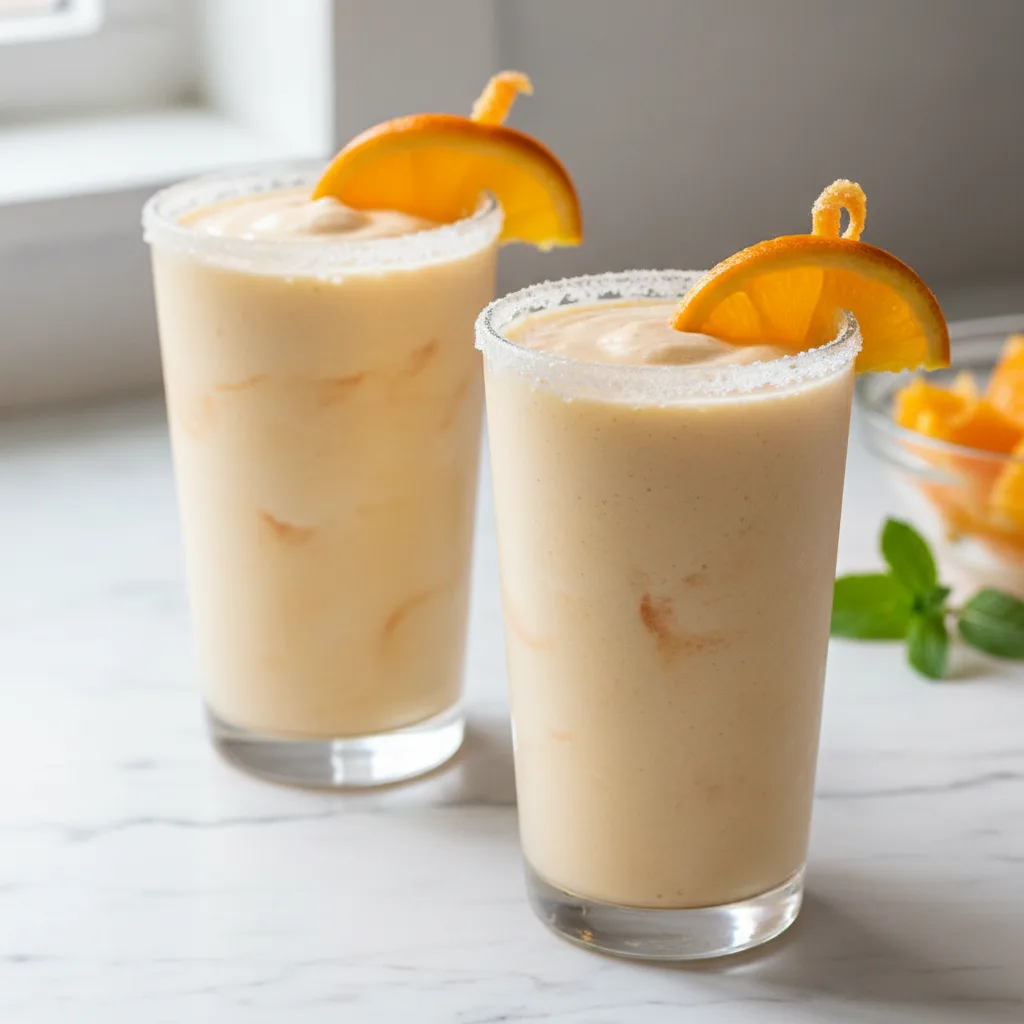 Two glasses of creamy pale orange creamsicle smoothie with orange slices
