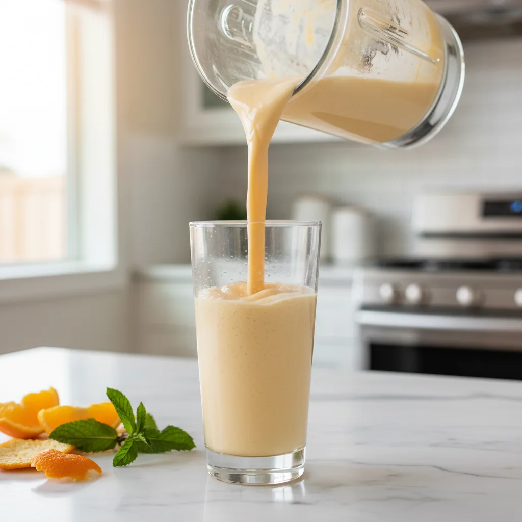 Thick creamy orange creamsicle smoothie being poured from a blender into a tall glass
