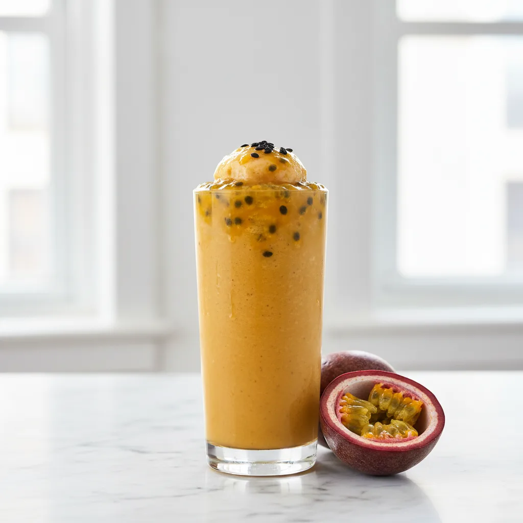 A tall glass of creamy golden passion fruit smoothie topped with passion fruit pulp and seeds