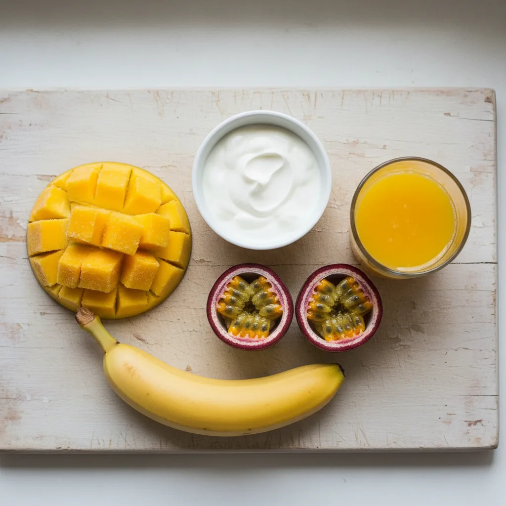 Passion fruit smoothie ingredients — fresh passion fruit, frozen mango, banana, Greek yogurt and orange juice