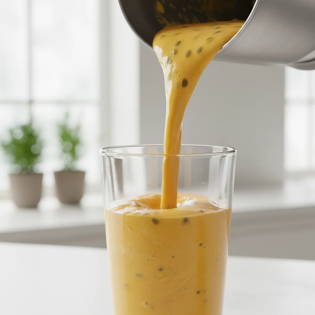 Golden passion fruit smoothie being poured from a blender into a tall glass
