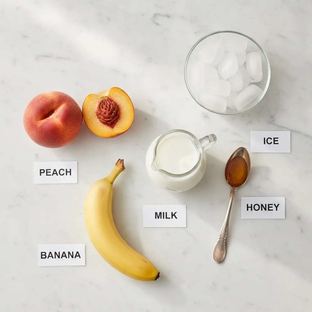Peach smoothie ingredients laid out and labelled — peach, banana, milk, honey and ice, no yogurt
