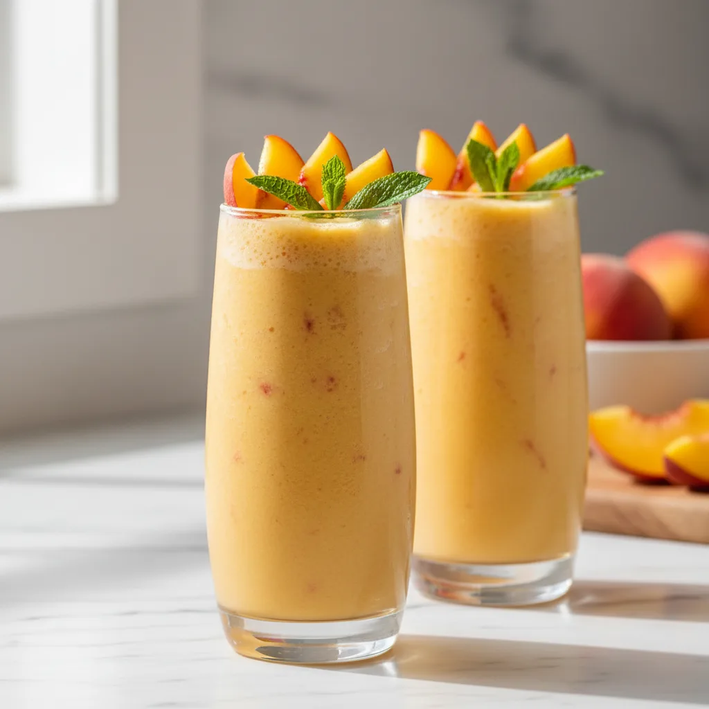 Two glasses of creamy golden peach smoothie with fresh peach slices