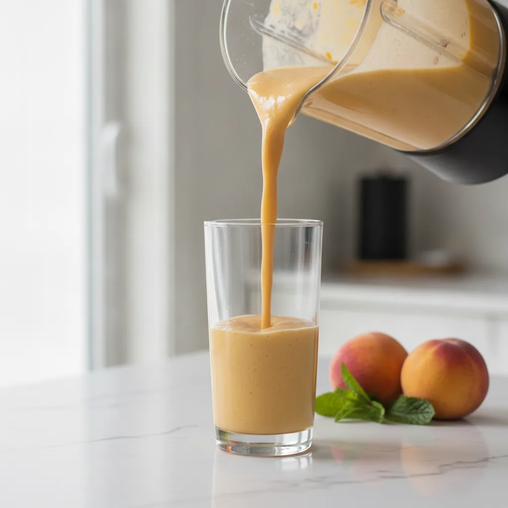 Thick golden peach smoothie being poured from a blender into a tall glass