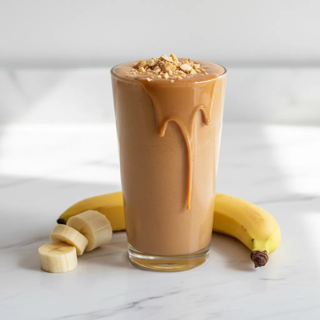 A tall glass of thick creamy peanut butter smoothie made without yogurt