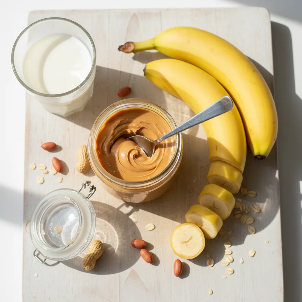 Peanut butter smoothie ingredients — frozen bananas, peanut butter and milk, no yogurt