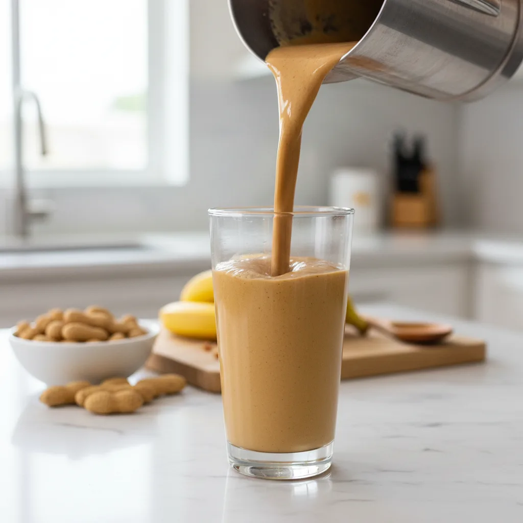 Creamy peanut butter smoothie being poured from a blender into a glass