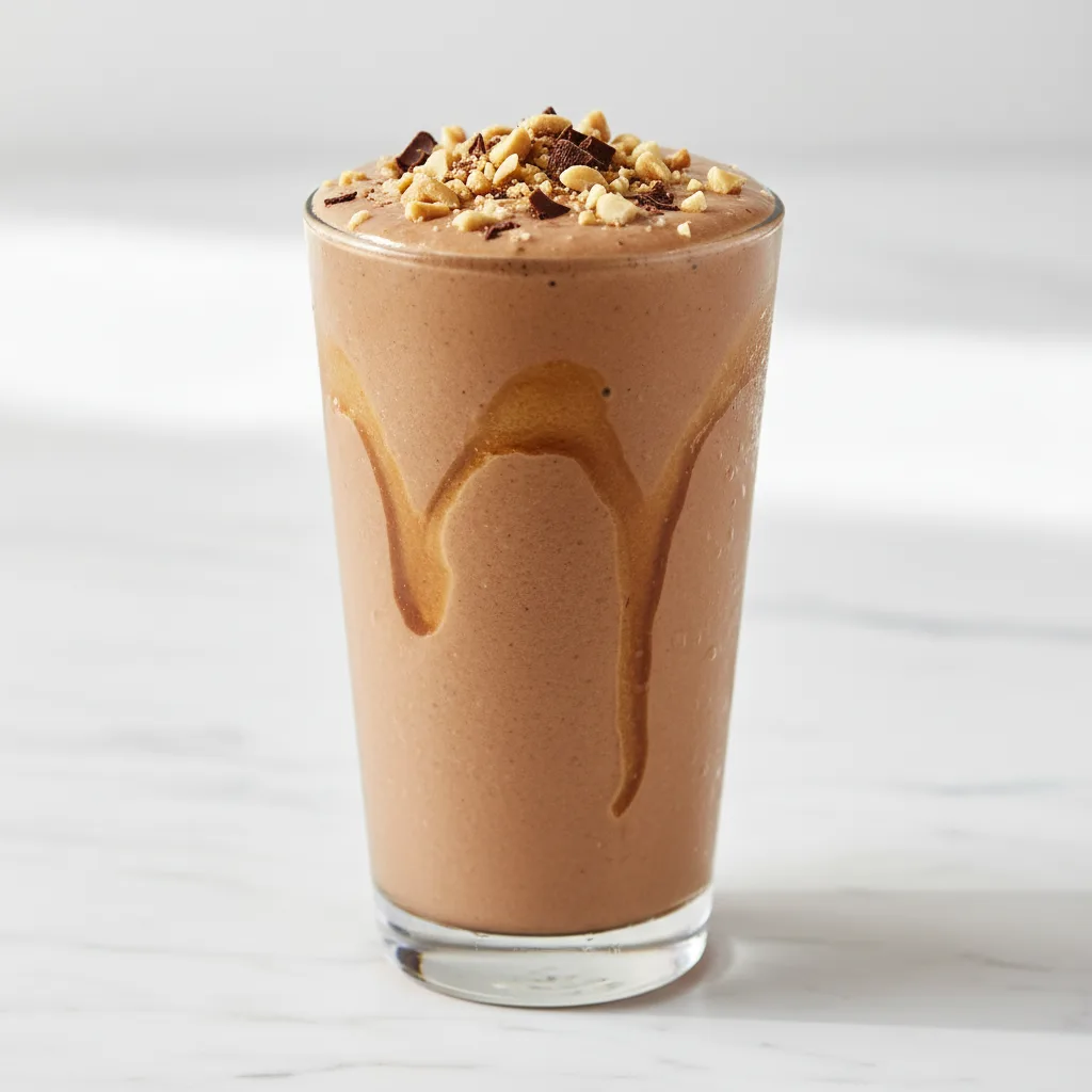 A tall glass of thick, creamy chocolate peanut butter Peanut Paradise smoothie with a peanut butter drizzle