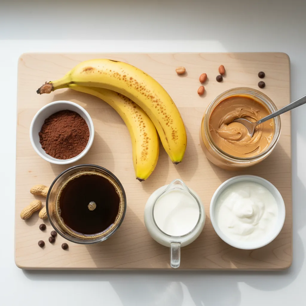 Peanut Paradise smoothie ingredients — frozen bananas, peanut butter, cocoa powder, cold brew coffee, milk and yogurt