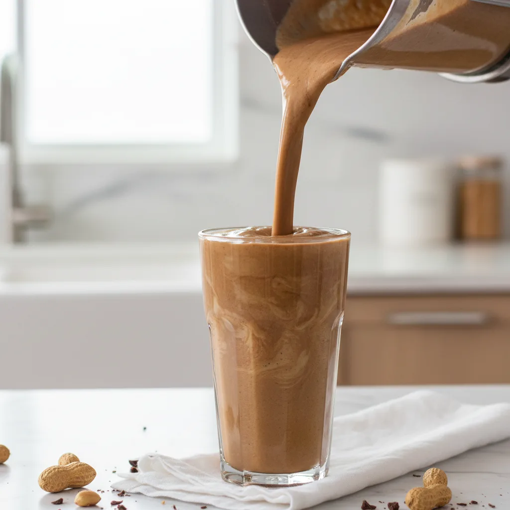 Thick chocolate peanut butter smoothie being poured from a blender into a tall glass
