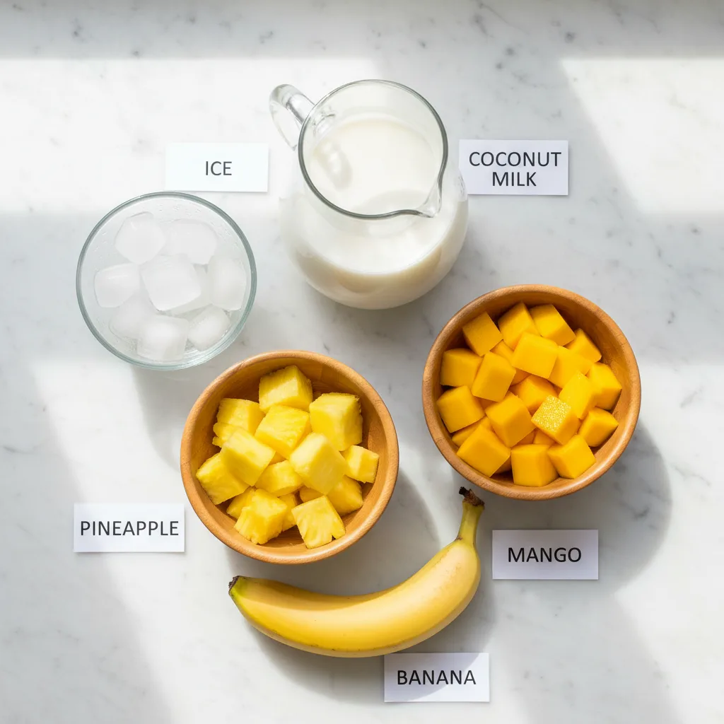Pineapple mango smoothie ingredients laid out and labelled — pineapple, mango, banana, coconut milk and ice, no yogurt