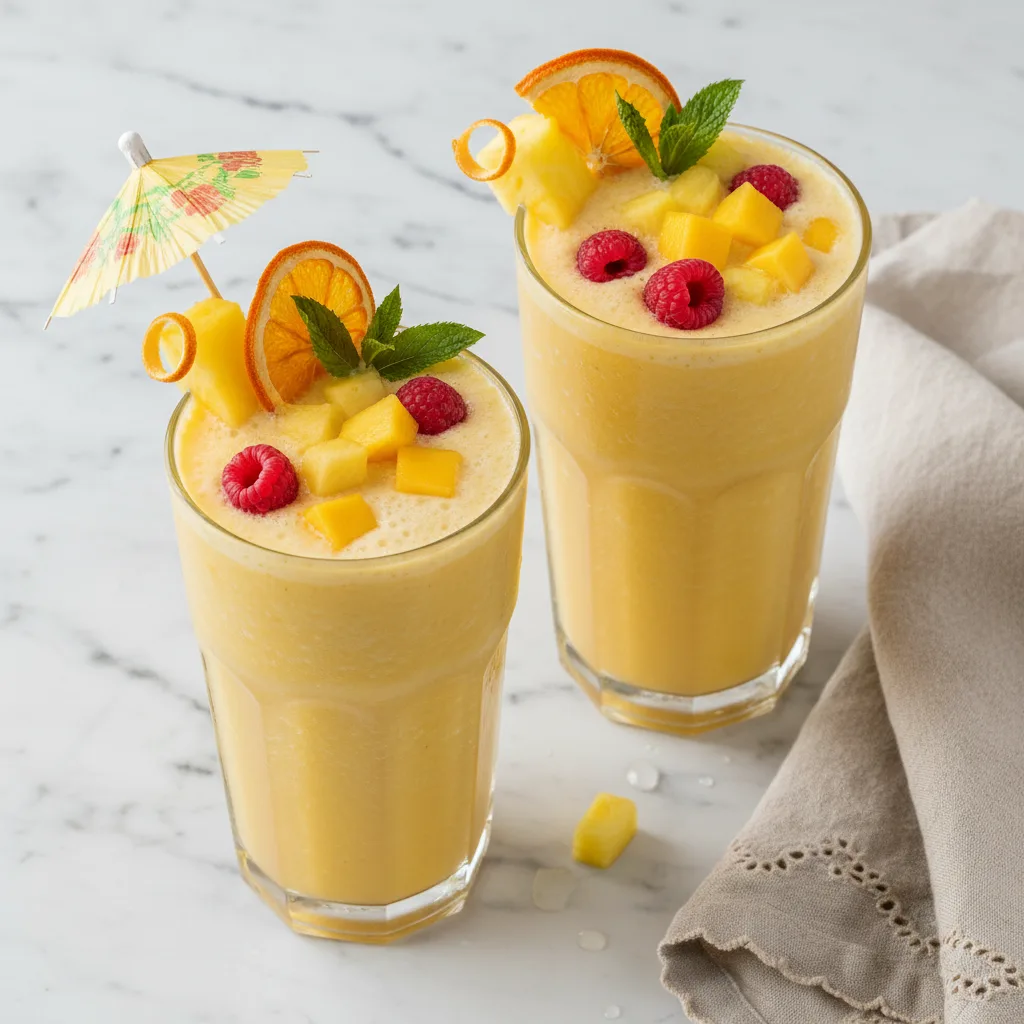 Two glasses of golden pineapple mango smoothie with tropical fruit
