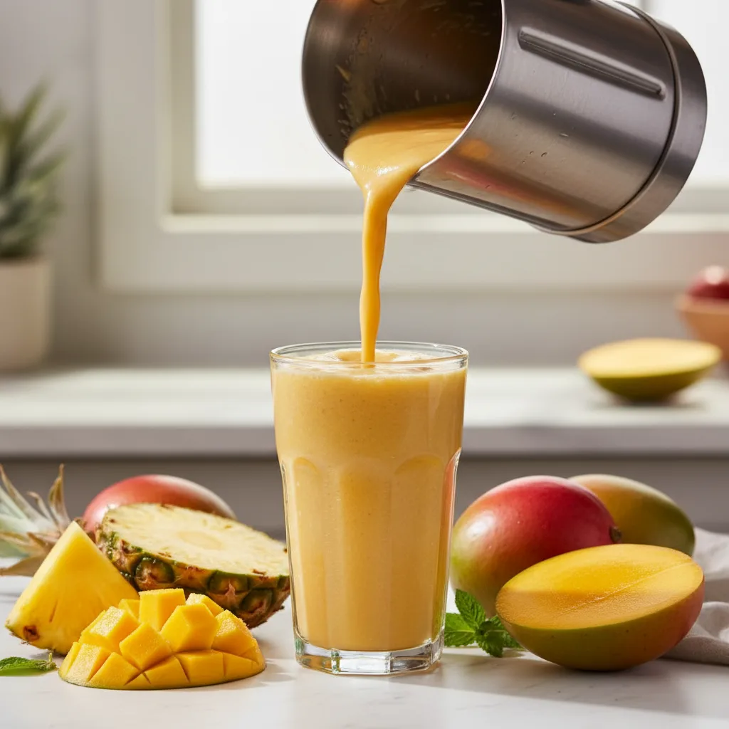 Thick golden pineapple mango smoothie being poured from a blender into a tall glass