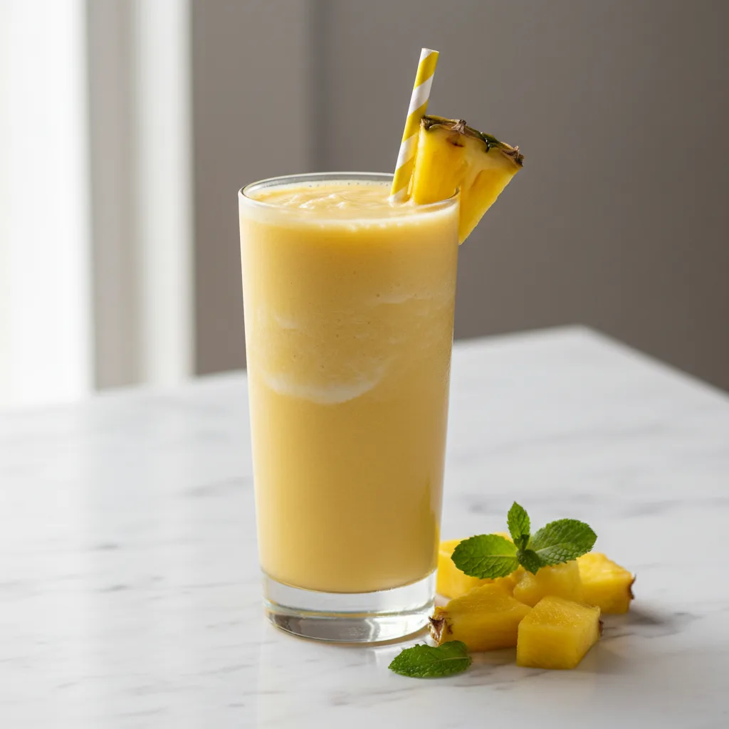 A tall glass of thick, creamy golden pineapple smoothie with a pineapple wedge