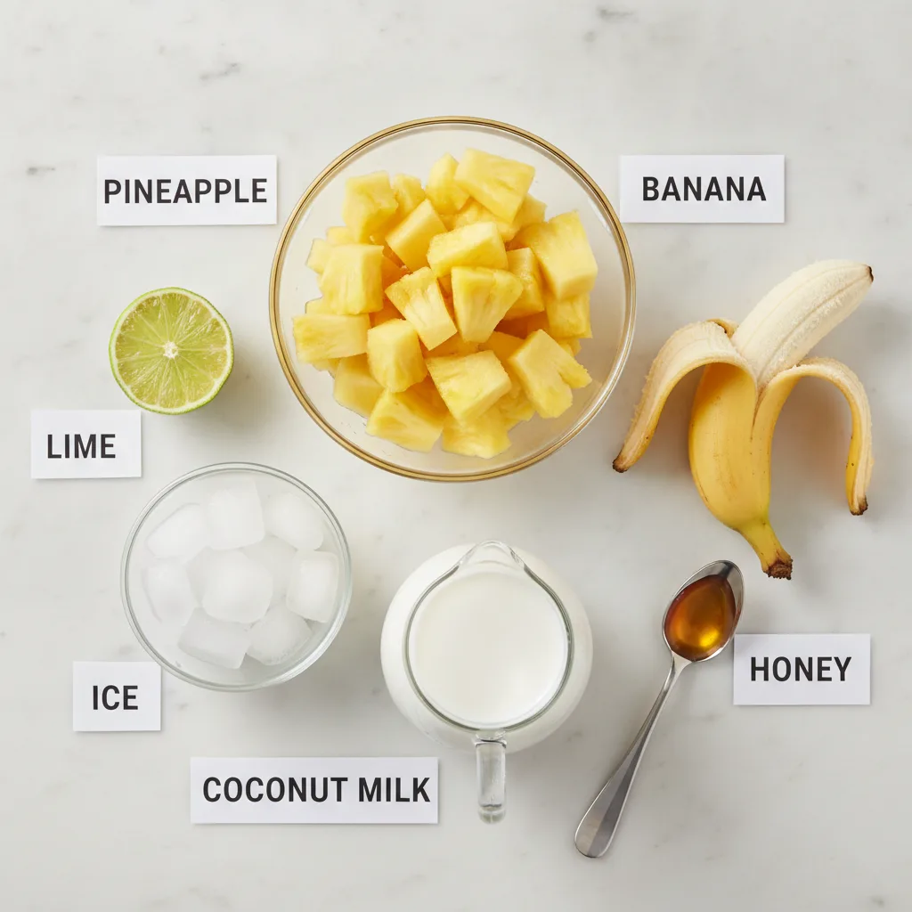 Pineapple smoothie ingredients laid out and labelled — pineapple, banana, coconut milk, lime, honey and ice, no yogurt