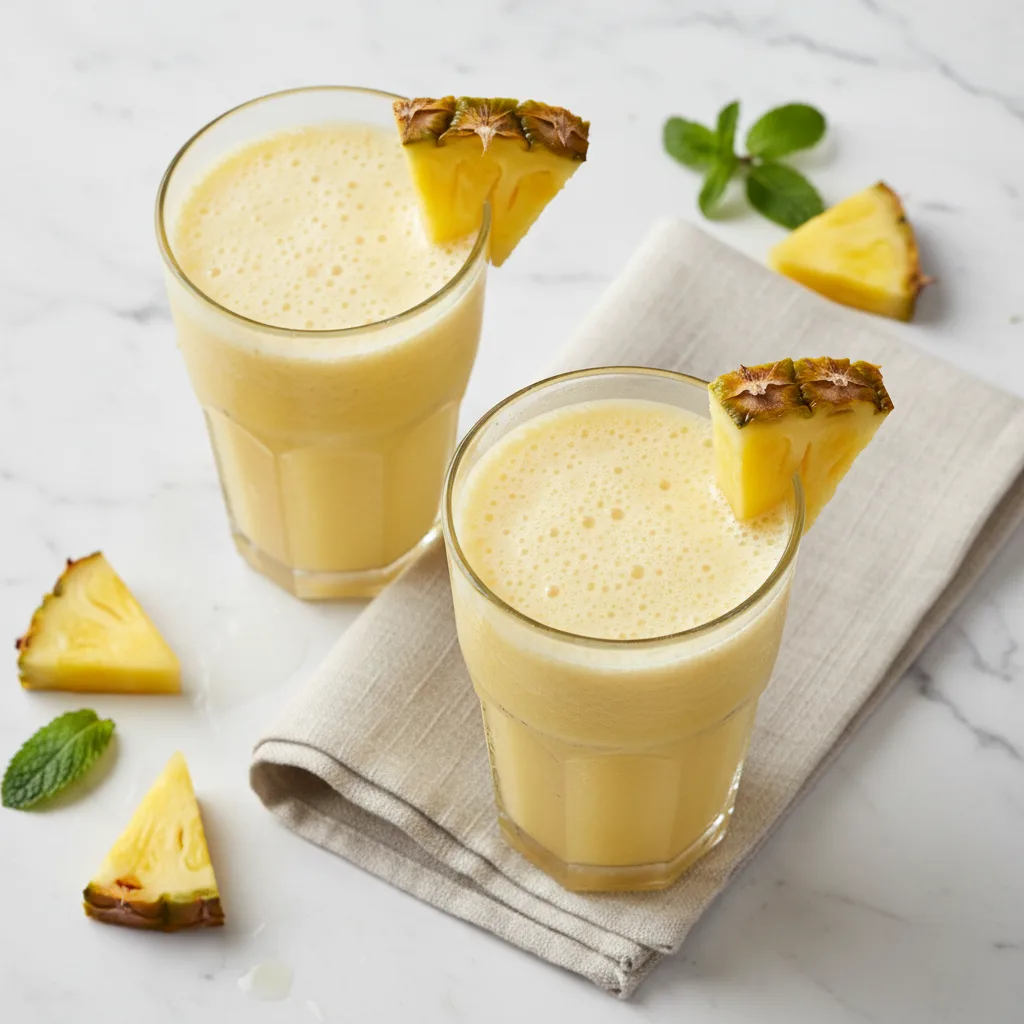 Two glasses of golden pineapple smoothie with pineapple wedges