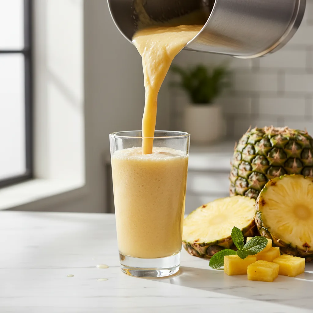 Thick golden pineapple smoothie being poured from a blender into a tall glass