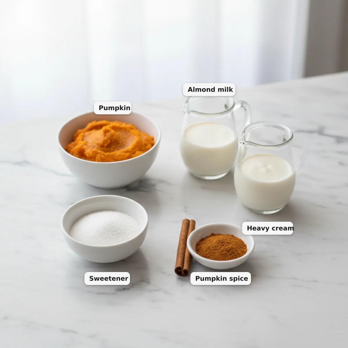 All the ingredients for a keto pumpkin spice smoothie laid out and labelled on a marble surface — pumpkin purée, almond milk, heavy cream, pumpkin pie spice and sweetener