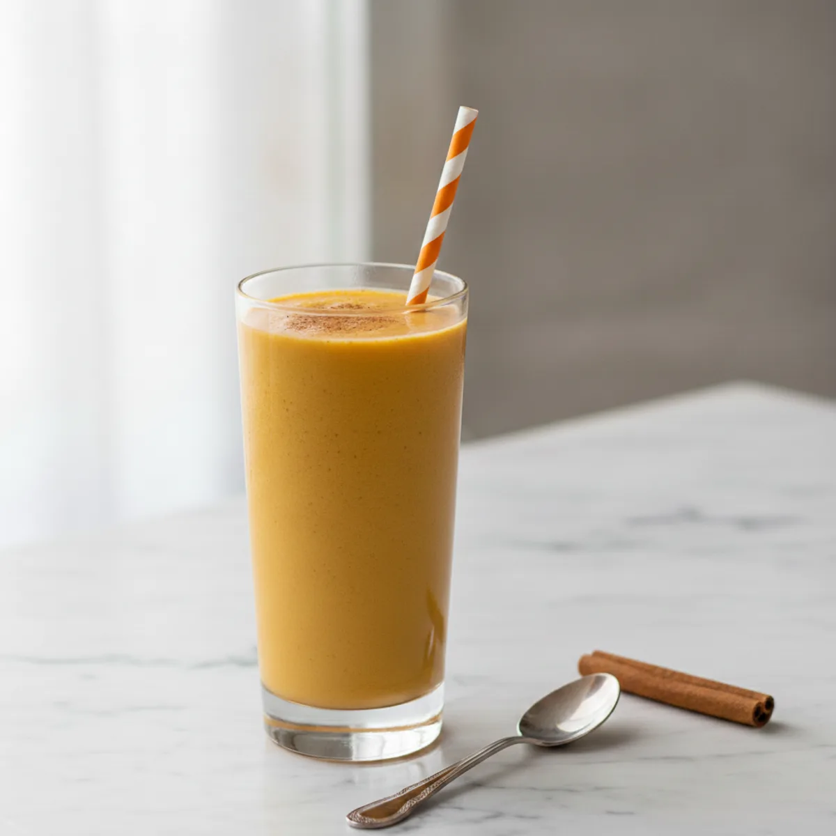 A creamy orange pumpkin spice smoothie in a tall glass beside a spoon and a cinnamon stick on a marble surface