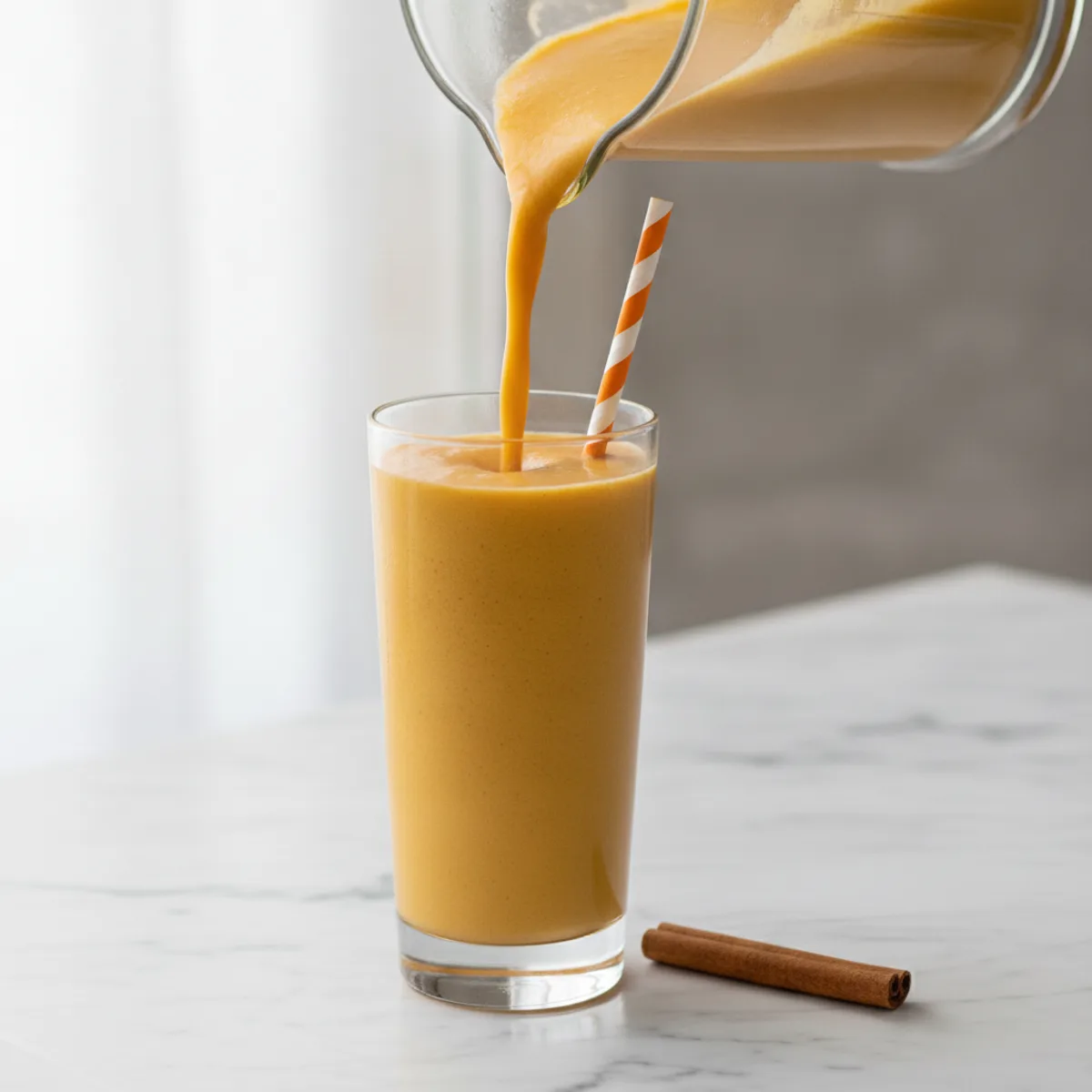 Creamy orange pumpkin spice smoothie being poured from a blender jug into a tall glass on a marble surface