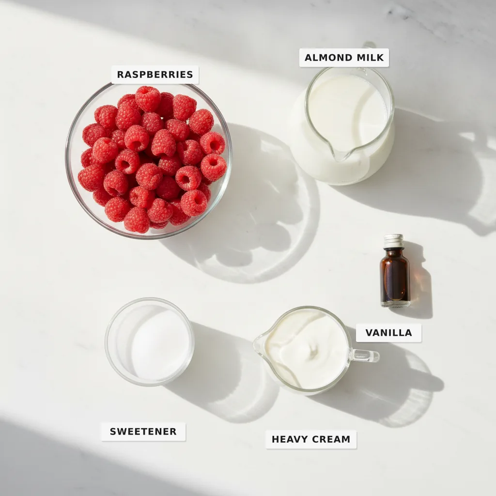 All the ingredients for a sugar-free raspberry smoothie laid out and labelled on a marble surface — raspberries, almond milk, heavy cream, sweetener and vanilla