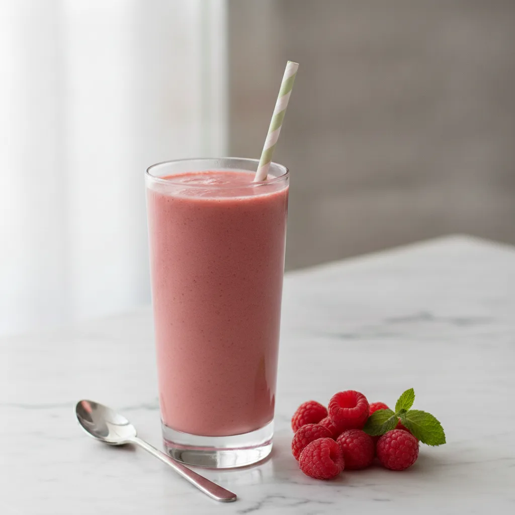 A rosy pink raspberry smoothie in a tall glass beside a spoon and fresh raspberries on a marble surface