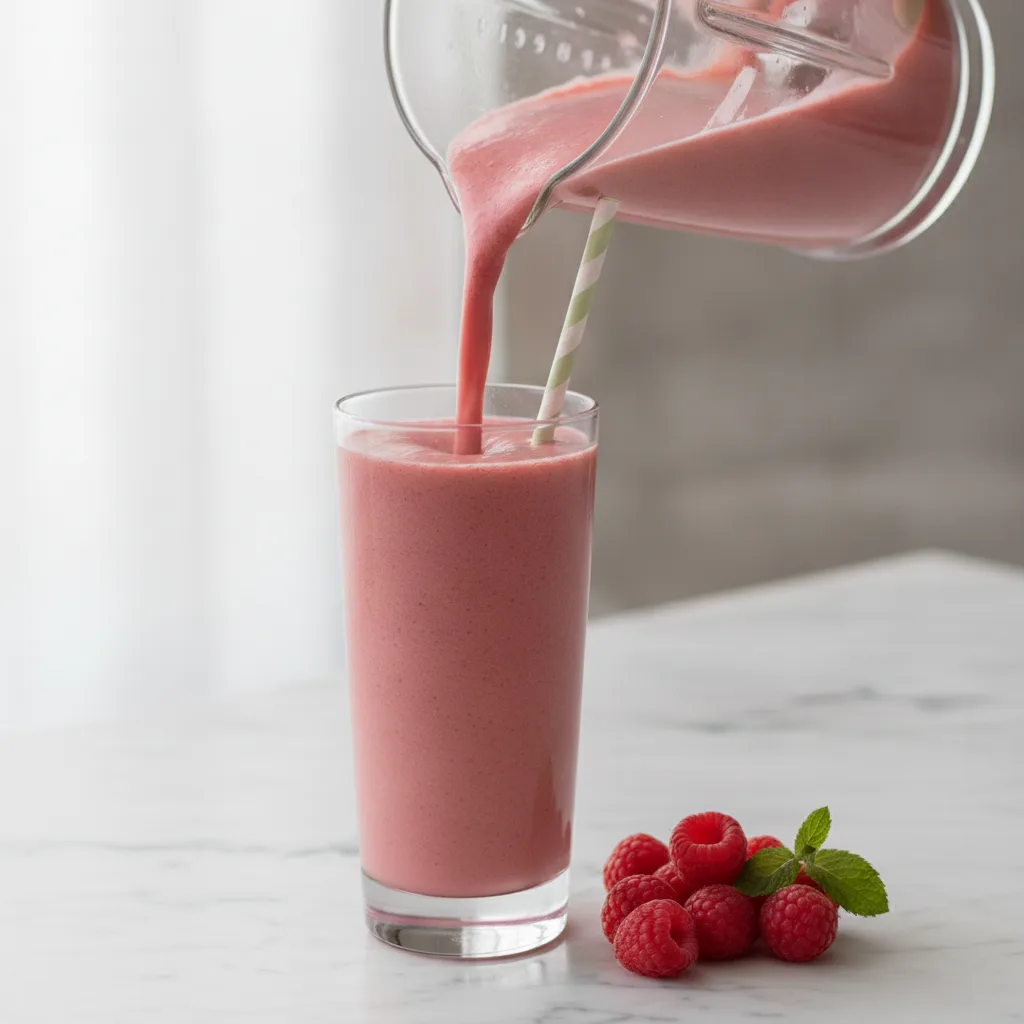 Rosy pink raspberry and cream smoothie being poured from a blender jug into a tall glass on a marble surface