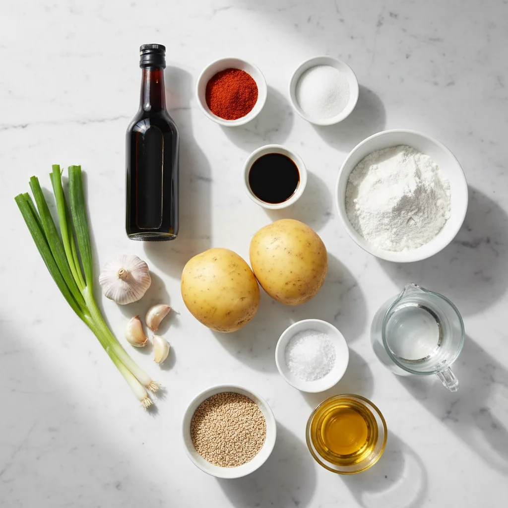 All the ingredients for spicy potato noodles — potatoes, potato starch, garlic, spring onion, chili powder, sugar, black vinegar, soy sauce, sesame seeds and oil