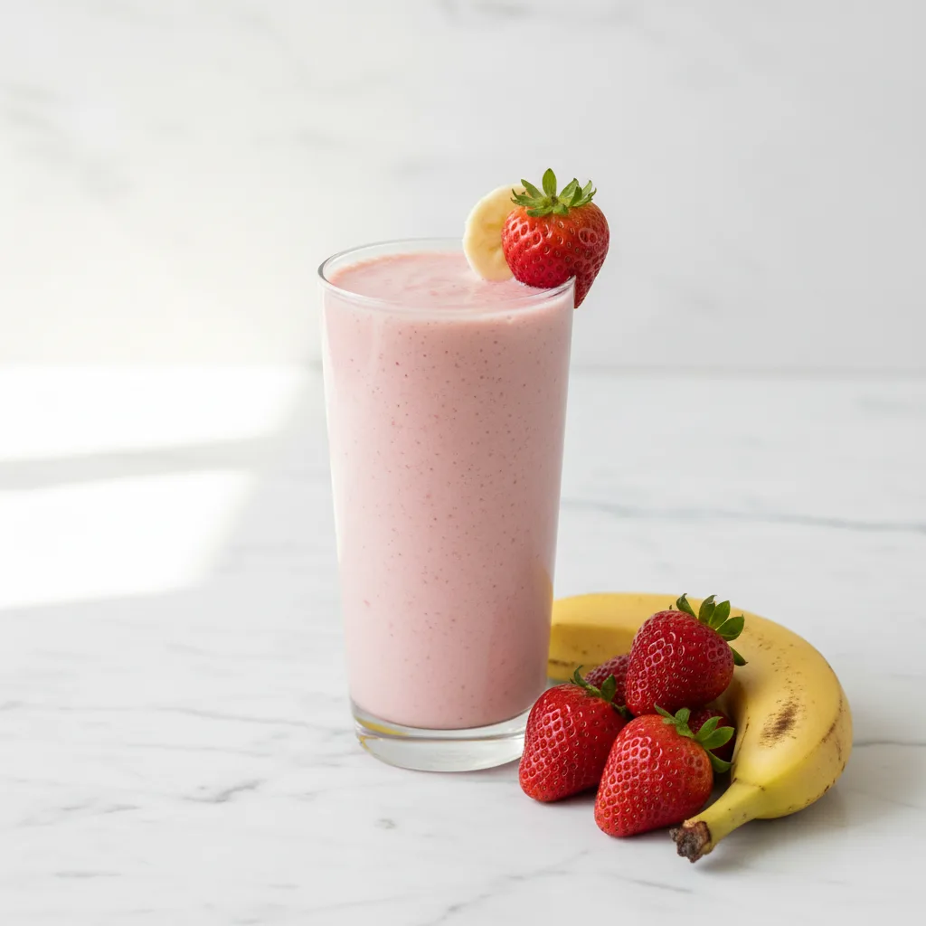A tall glass of creamy pink strawberry banana smoothie made without yogurt