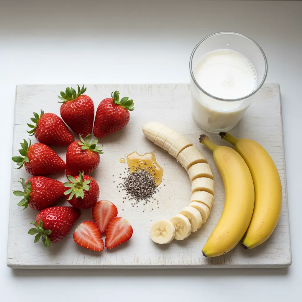 Strawberry banana smoothie ingredients — frozen strawberries, bananas and milk, no yogurt