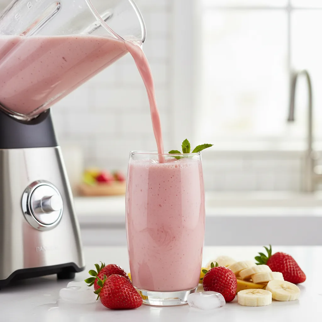 Creamy pink strawberry banana smoothie being poured from a blender into a glass
